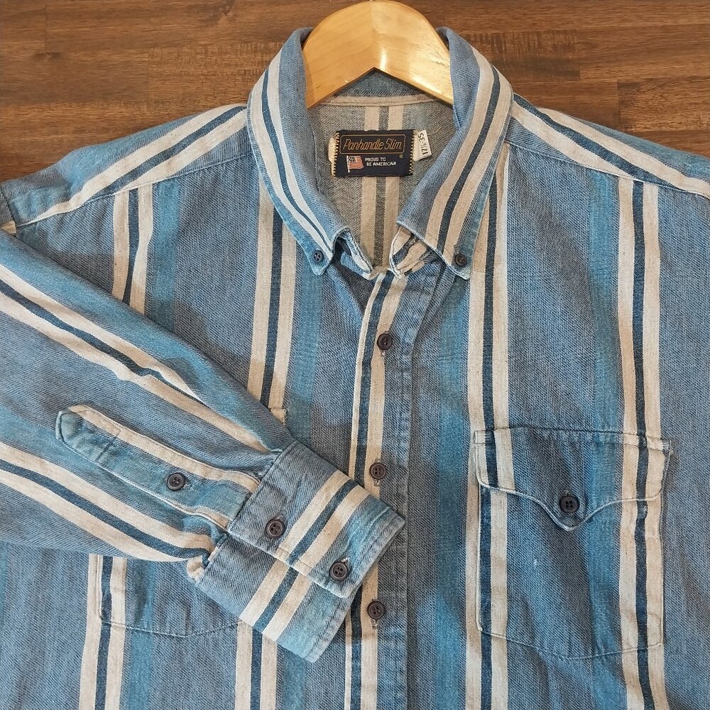Vintage Panhandle Western Shirt Mens 17.5-35 Slim Denim Blue Stripe Long Sleeve,